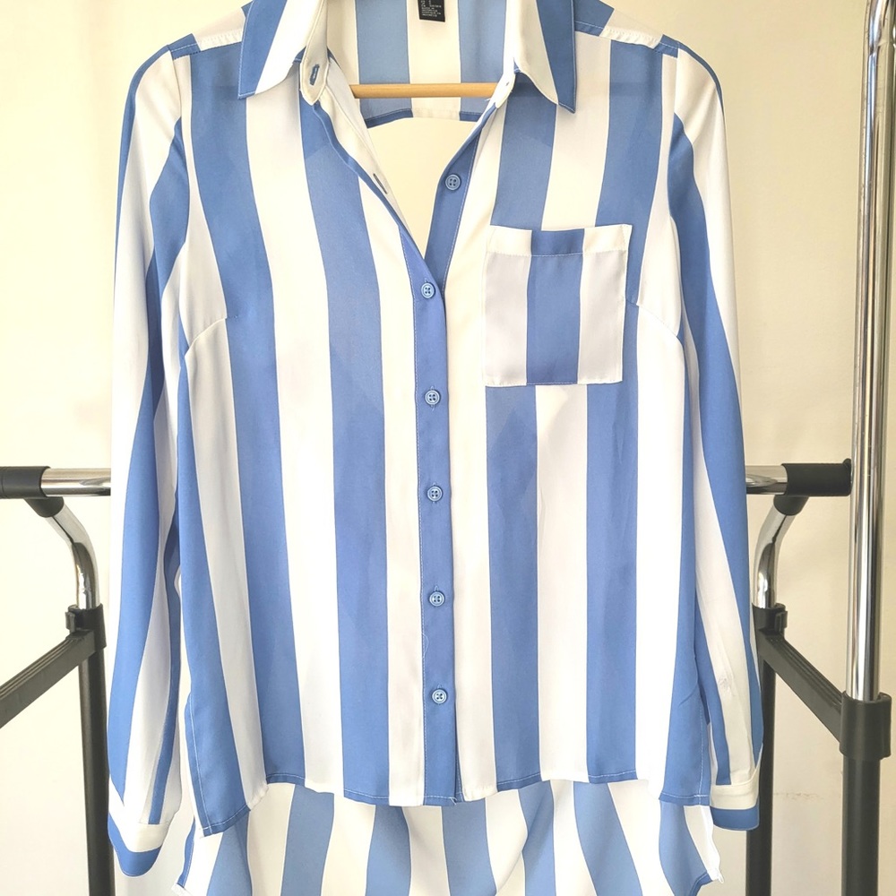 Blue White Striped Open Back Blouse Oversized Small